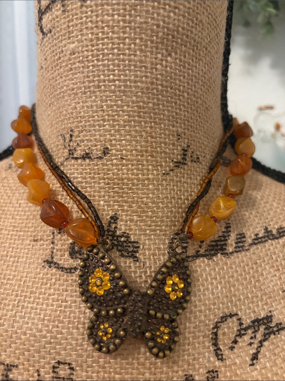 Mustard Yellow Multi-Strand Bead Necklace set with Butterfly Pendant 2 necklaces